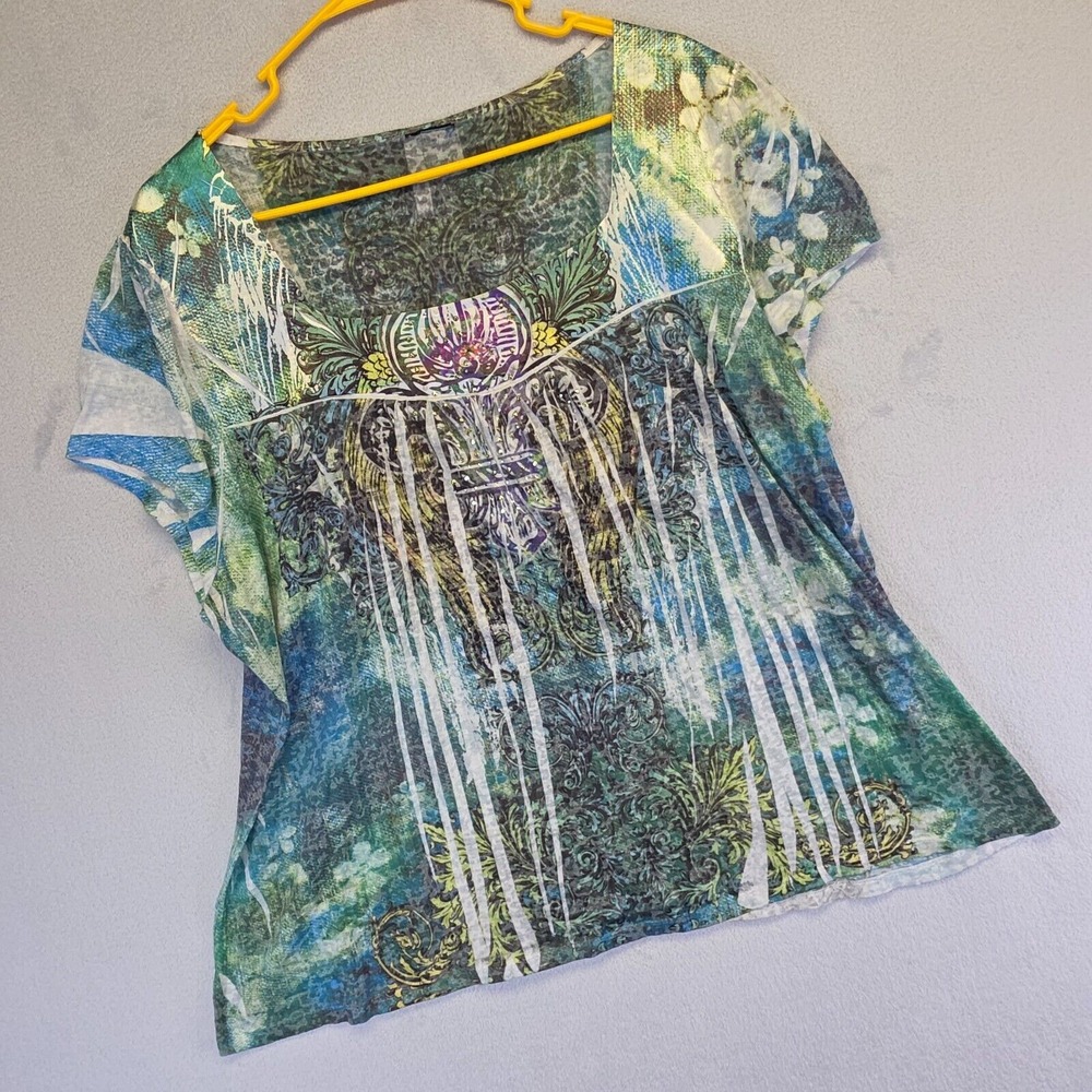 Fairy Top Womens 1X Green Y2K Fairy Grunge Rhinestone Burnout Tattoo Whimsigoth